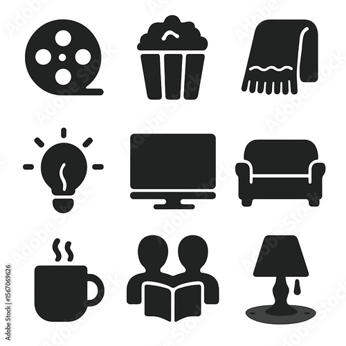 Cozy Movie Night Icons. Solid, filled icons set of cozy indoor movie nights: film icon, popcorn icon, cozy
