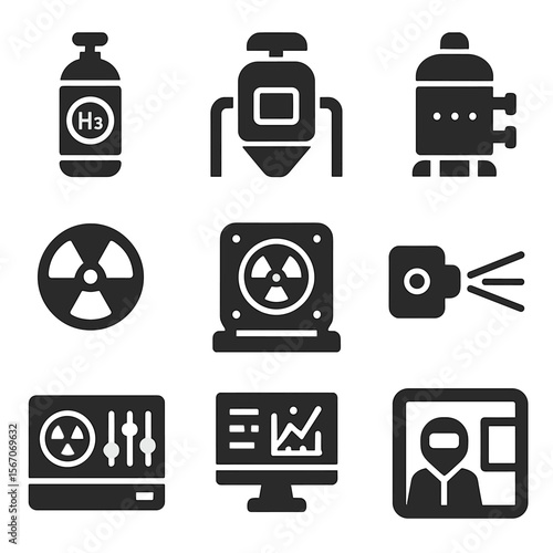 Helium-3 Icon Grid. Solid, filled icons set of helium-3 harvesting equipment: helium-3 canister, isotope