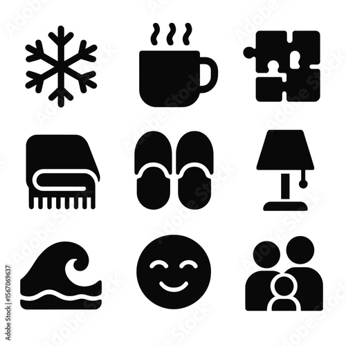Cozy Winter Icons. Solid, filled icons set of wintery indoor comfort: snowflake icon, warm mug, puzzle icon,