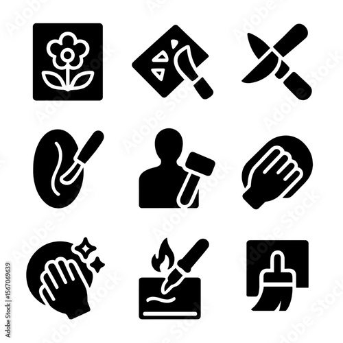 Carving Techniques Icons. Solid, filled icon set of carving techniques: relief carving, chip carving, whittling, incising,
