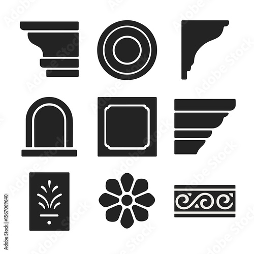 Decorative Plaster Icons. Solid, filled icon set of decorative plaster work: crown molding, ceiling medallion, corner bead, arched