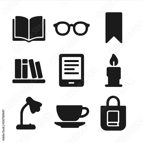 Book Lover Essentials. Solid, filled icons set of book lover gifts: open book, reading glasses, bookmark,