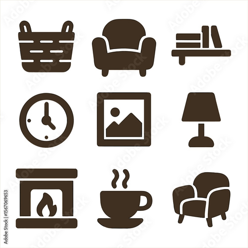 Cozy Mantel Icons. Solid, filled icons set of functional mantel designs: storage basket, cozy seat, small