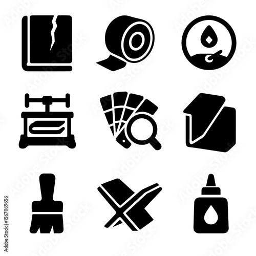 Book Restoration Icons. Solid, filled icons set of book restoration: torn page, repair tape, humidity gauge,