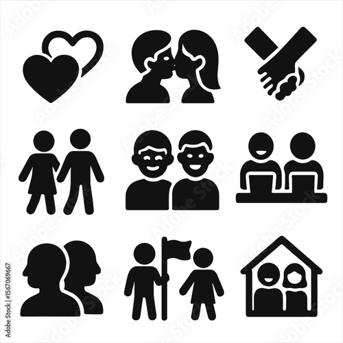 Connection Icons Grid. Solid, filled icon set of connection in relationships: connected hearts, affectionate kiss, intertwined