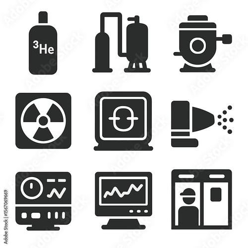 Helium-3 Icon Grid. Solid, filled icons set of helium-3 harvesting equipment: helium-3 canister, isotope