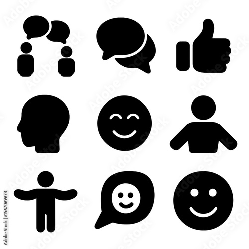 Casual Conversation Icons. Solid, filled icon set of casual conversation: standing figures, speech bubbles, hand gesture, nodding