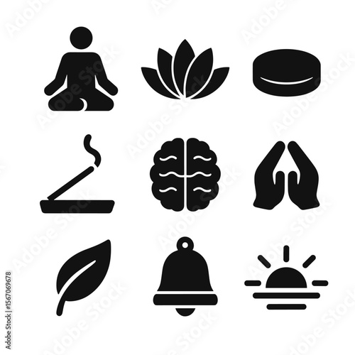 Mindfulness Icons Grid. Solid, filled icon set of mindfulness practice: sitting figure, lotus flower, meditation cushion, incense