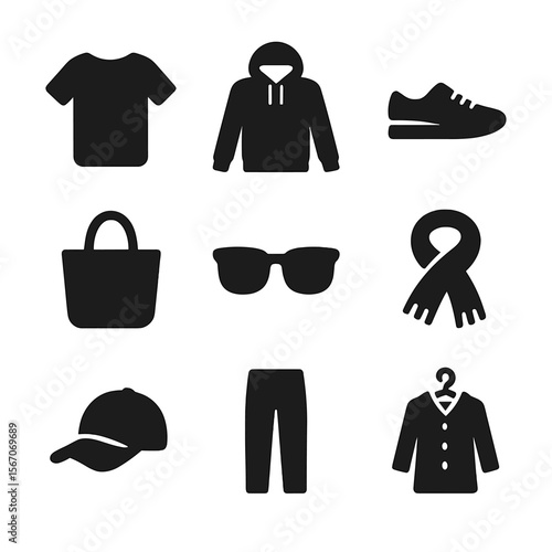 Minimalist Wardrobe Icons. Solid, filled icon set of minimalist wardrobe items: white T-shirt, plain hoodie, simple sneaker, tote