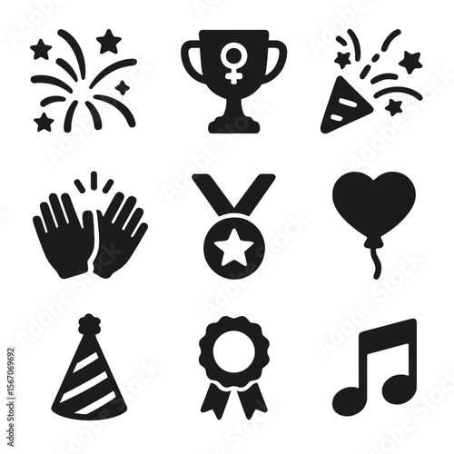 Celebration Icons Grid. Solid, filled icon set of feminist and racial celebration: fireworks, celebration confetti, trophy cup,