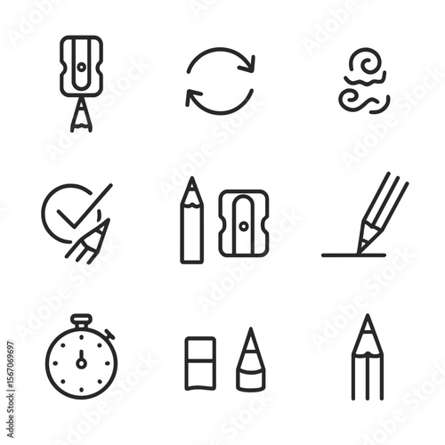 Pencil Sharpening Icons. Outline icon set of sharpening process steps: pencil insertion, twisting motion arrows, shaving curls