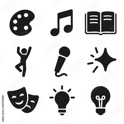 Creative Expression Icons. Solid, filled icons set of self-expression and creativity: paint palette, music