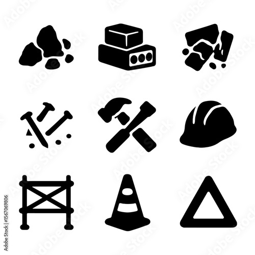 Construction Debris Icons. Solid, filled icon set of remains in construction: rubble, cement blocks, broken bricks, nails, sawdust