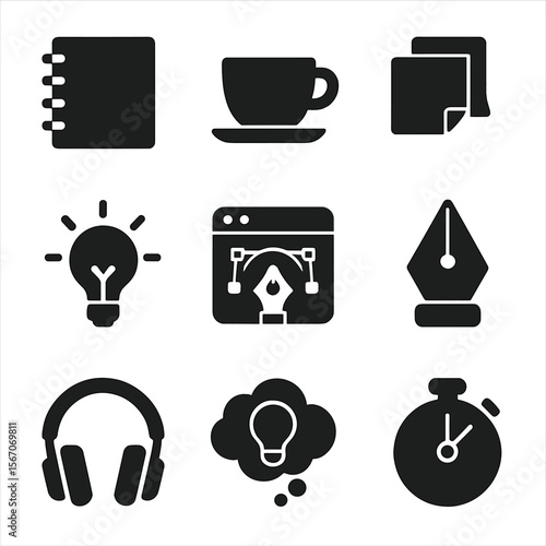 Creative Work Icons. Solid, filled icons set of creative work and coffee breaks: sketchpad, espresso shot,