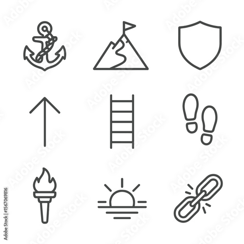 Perseverance Symbols Icons. Outline icon set of symbols of perseverance: anchor with rope, climbing path up mountain, shield,
