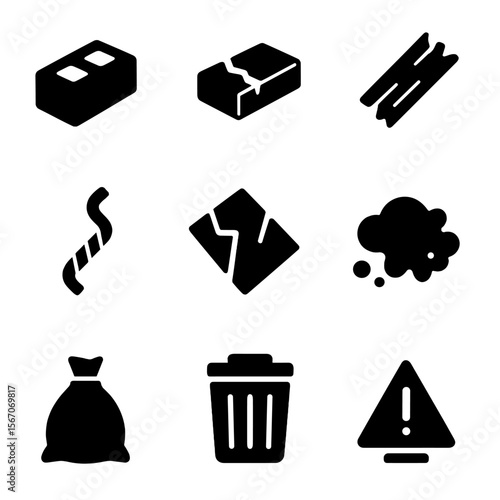 Construction Debris Icons. Solid, filled icon set of construction debris: cement block, broken brick, wood plank scrap, metal