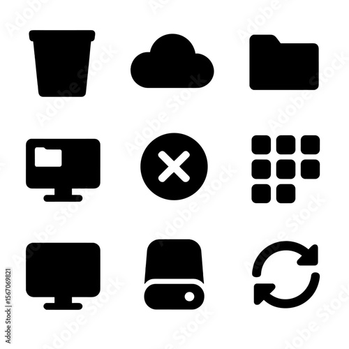 Digital Declutter Icons. Solid, filled icon set of digital declutter: recycle bin icon, cloud storage, folder icon, organized