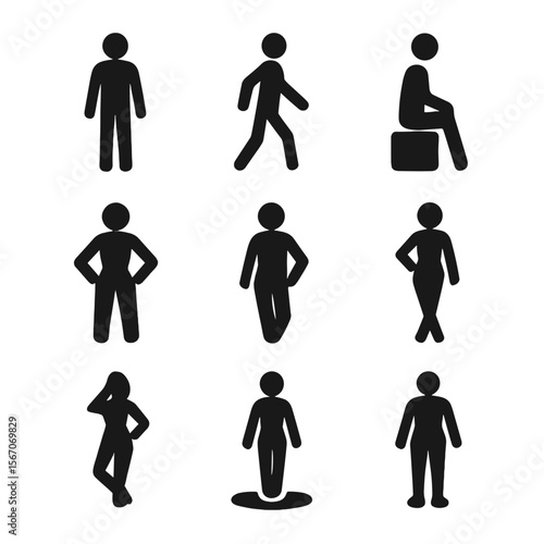 Modeling Pose Icons. Solid, filled icon set of modeling poses: standing figure, walking pose, sitting pose, hands on hips, head
