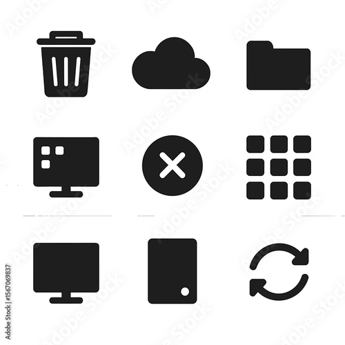 Digital Declutter Icons. Solid, filled icon set of digital declutter: recycle bin icon, cloud storage, folder icon, organized