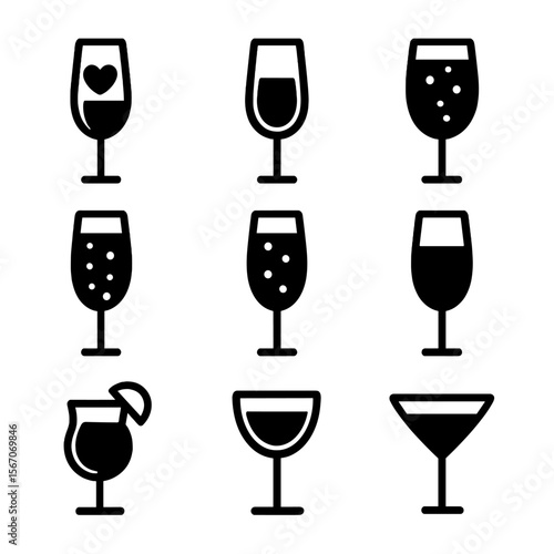 Champagne Toast Icons. Solid, filled icon set of champagne toast drink varieties: rose champagne, brut, demi-sec, sparkling wine,