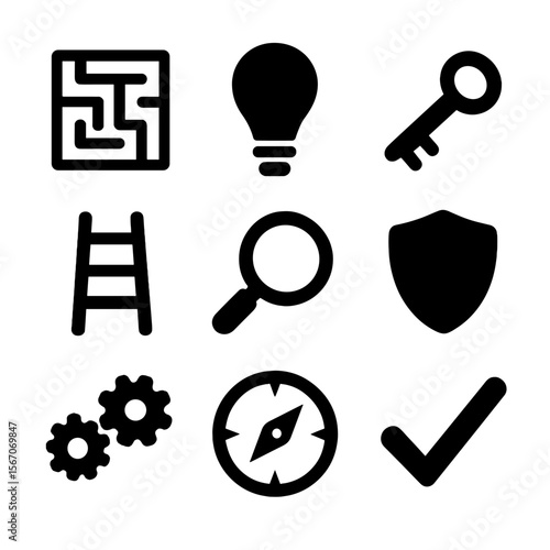Challenge Solution Icons. Solid, filled icon set of challenges and solutions: maze, light bulb, key, ladder, magnifying glass,