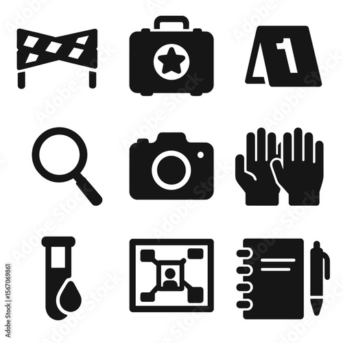 Crime Scene Icons. Solid, filled icons set of crime scene investigation: police tape, forensic kit, evidence