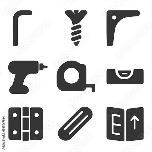 Bookshelf Tools Icons. Solid, filled icons set of bookshelf tools and assembly: Allen wrench, screw icon,
