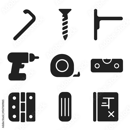 Bookshelf Tools Icons. Solid, filled icons set of bookshelf tools and assembly: Allen wrench, screw icon,