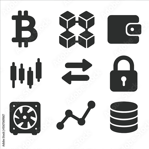 Cryptocurrency Icon Set. Solid, filled icons set of cryptocurrency markets: bitcoin symbol, blockchain icon,