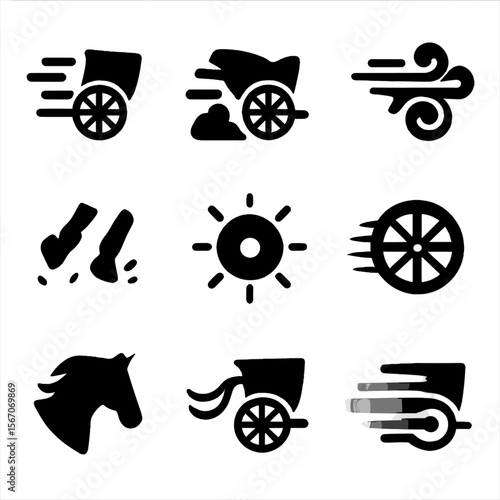 Chariot Motion Icon Set. Solid, filled icon set of chariot motion: speed lines, dust clouds, wind gust, galloping hooves, shining