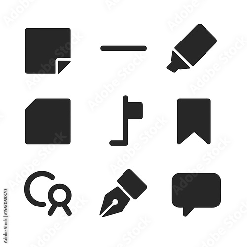 Bookmark Icons Grid. Solid, filled icons set of bookmarks and annotations: sticky note, underline, highlight