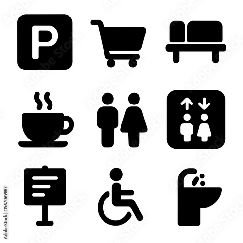 Convenience Icon Set. Solid, filled icon set of customer convenience: parking spot, trolley, waiting bench, coffee cup, restroom