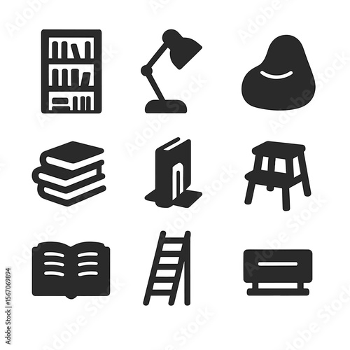 Home Library Icons. Solid, filled icons set of home library setup: tall bookshelf, reading lamp, stacked books