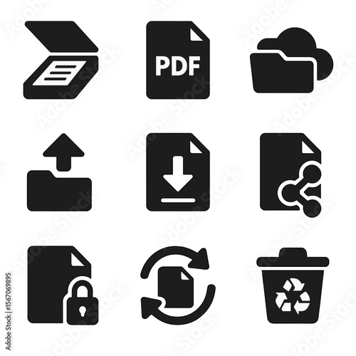 Digital Office Icons. Solid, filled icon set of digital office document icons: scanned file, PDF symbol, cloud folder, upload