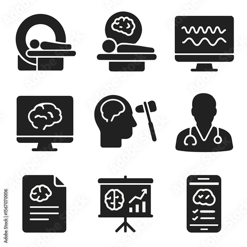 Brain Diagnostics Icons. Solid, filled icons set of brain imaging and diagnostics: MRI machine, PET scan, EEG