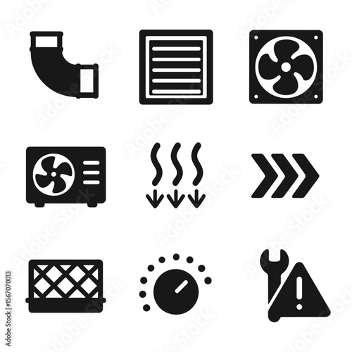 HVAC System Icons. Solid, filled icons set of HVAC system elements: ductwork, air vent, intake fan, cooling