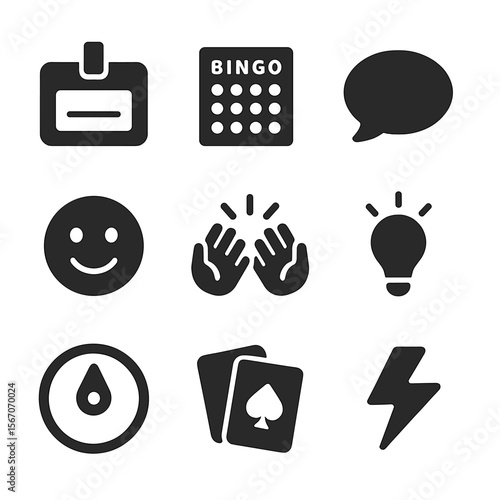 Icebreaker Game Icons. Solid, filled icons set of icebreaker games: name tag, bingo card, conversation bubble,