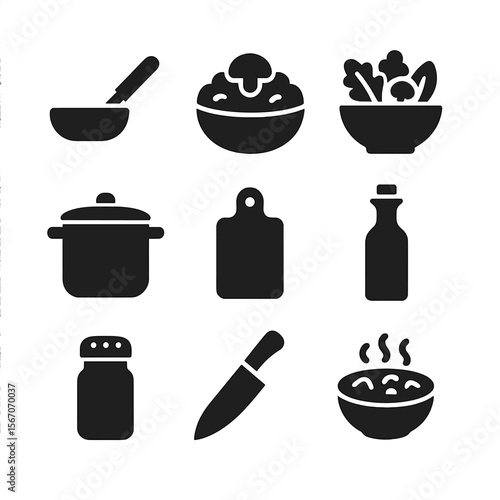 Cooking Icon Set. Solid, filled icon set of cooking with wild foods: sauté pan, mushroom risotto, foraged salad, soup pot,