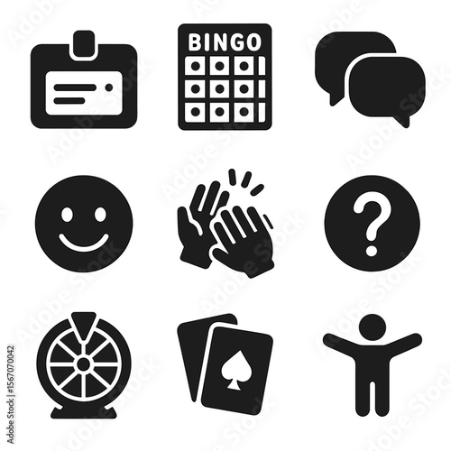 Icebreaker Game Icons. Solid, filled icons set of icebreaker games: name tag, bingo card, conversation bubble,