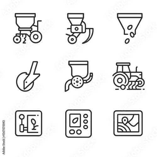 Planting Icon Set. Outline icon set of planting and sowing operations: seed planter machine, precision planter module, seed hopper