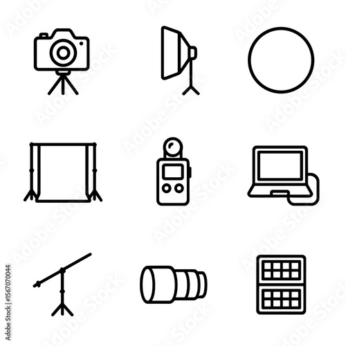 Photoshoot Equipment Icons. Outline icon set of photoshoot studio equipment: camera on tripod, softbox light, reflector disc,