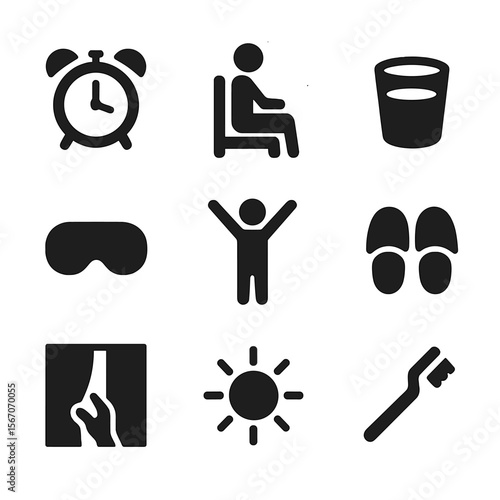 Morning Routine Icons. Solid, filled icon set of morning wake-up routine: alarm clock, person sitting up, cup of water, eye mask,