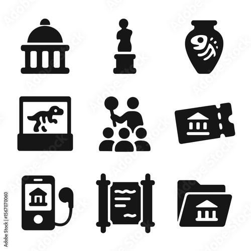 Iconic Museum Symbols. Solid, filled icons set of landmark museums: museum dome, sculpture pedestal, ancient