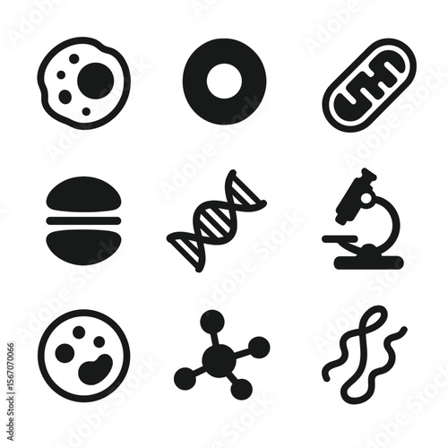 Cell Biology Icons. Solid, filled icon set of cellular biology: cell membrane, nucleus, mitochondria, ribosome, DNA strand,