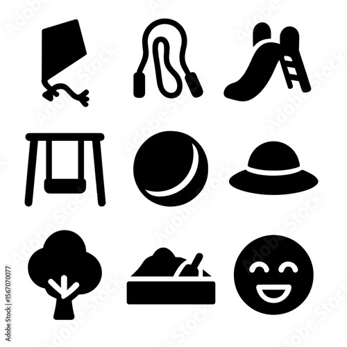 Childhood Icon Set. Solid, filled icon set of childhood under sunny sky: kite, jump rope, slide, swing set, ball, sun hat, park