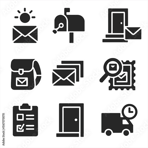 Daily Postal Icons. Solid, filled icons set of daily postal routine: morning pickup, mailbox unlock, doorstep