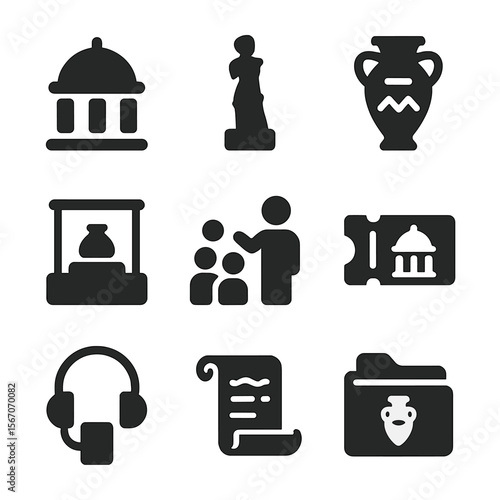 Iconic Museum Symbols. Solid, filled icons set of landmark museums: museum dome, sculpture pedestal, ancient