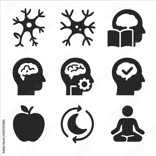 Brain Health Icons. Solid, filled icons set of brain health and neuroplasticity: neuron growth, brain cells,