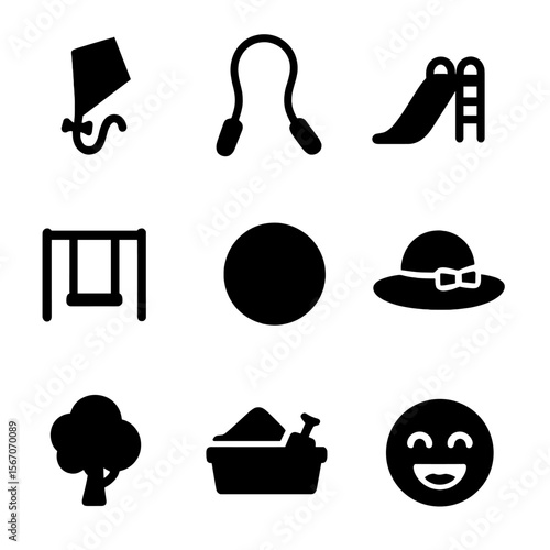 Childhood Icon Set. Solid, filled icon set of childhood under sunny sky: kite, jump rope, slide, swing set, ball, sun hat, park