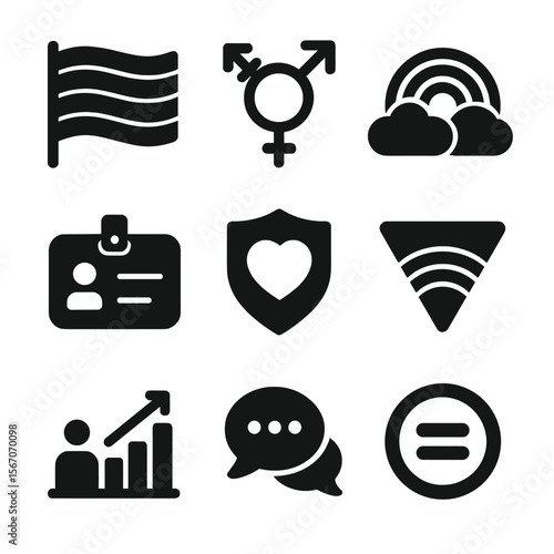 Inclusive Branding Icons. Solid, filled icons set of LGBTQ+ inclusive branding: pride flag, gender symbol,